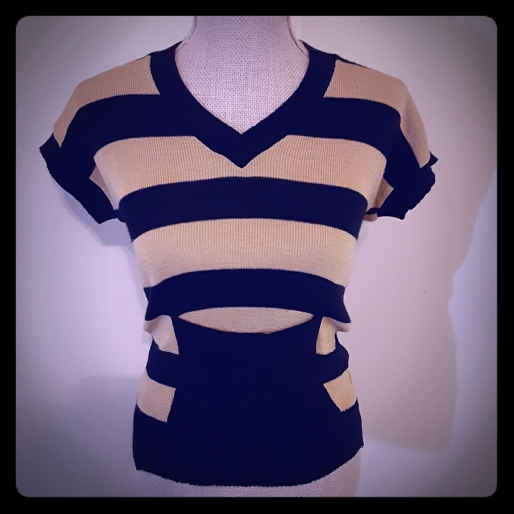 Name Dropper striped short sleeve v neck sweater